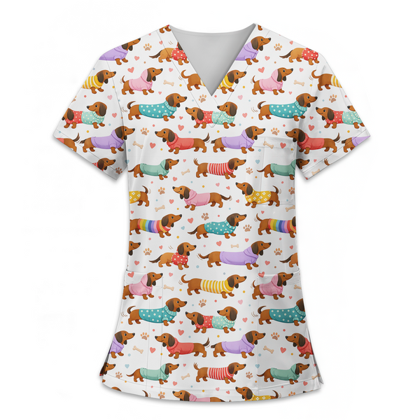 Cute Dachshund Dog Print Medical Scrub Set for Women – Funny Nurse & Vet Scrubs Uniform