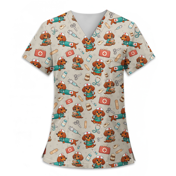 Cute Dachshund Nurse Scrub Top – Funny Dog Medical Uniform for Women, V-Neck Veterinary Scrubs