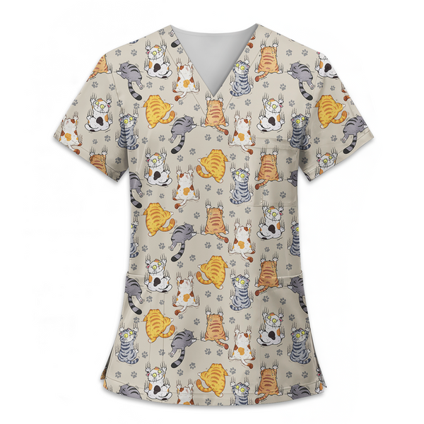 Funny Cat Scrub Top for Women – Cute Cartoon Kitty Medical Uniform, Nurse V-Neck Scrubs Shirt