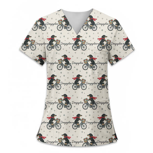 Cute Dog Riding Bicycle Nurse Scrub Top – Funny Medical Scrubs for Women