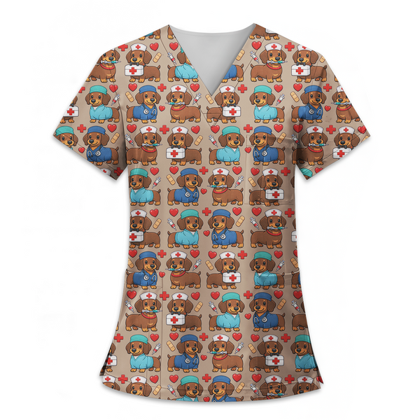 Cute Dachshund Dog Print Nurse Scrub Top – Funny Medical Scrubs for Women
