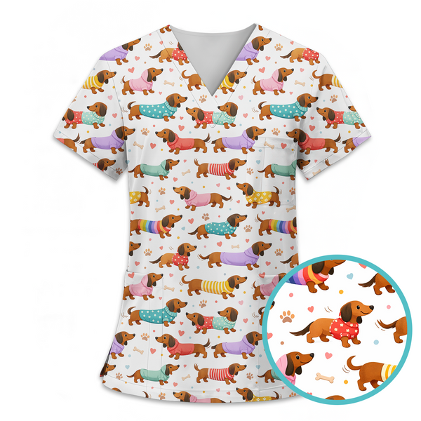 Cute Dachshund Dog Print Medical Scrub Set for Women – Funny Nurse & Vet Scrubs Uniform