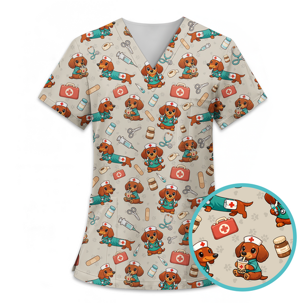 Cute Dachshund Nurse Scrub Top – Funny Dog Medical Uniform for Women, V-Neck Veterinary Scrubs