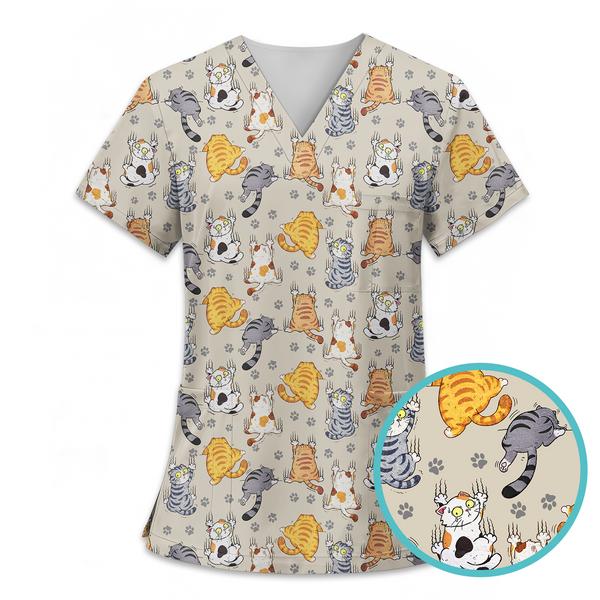 Funny Cat Scrub Top for Women – Cute Cartoon Kitty Medical Uniform, Nurse V-Neck Scrubs Shirt