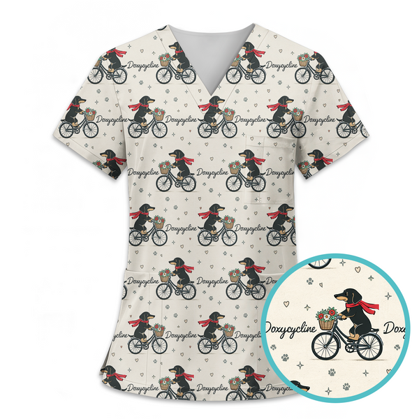 Cute Dog Riding Bicycle Nurse Scrub Top – Funny Medical Scrubs for Women