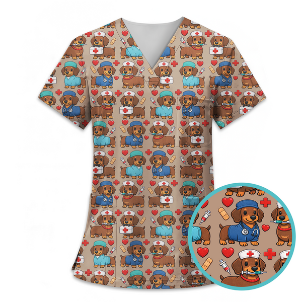 Cute Dachshund Dog Print Nurse Scrub Top – Funny Medical Scrubs for Women