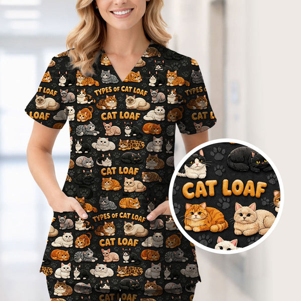 Cat Loaf Scrub Set for Women – Funny Cat Lover Nurse Uniform, Cute Black Medical Scrubs Top & Pants
