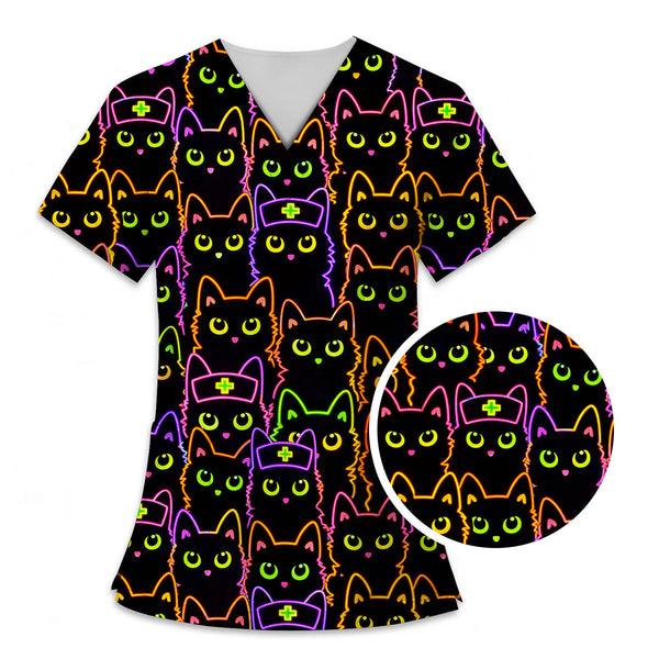 Neon Cat Print Nurse Scrub Top – Cute Colorful Medical Scrubs for Women