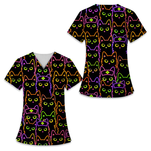 Neon Cat Print Nurse Scrub Top – Cute Colorful Medical Scrubs for Women