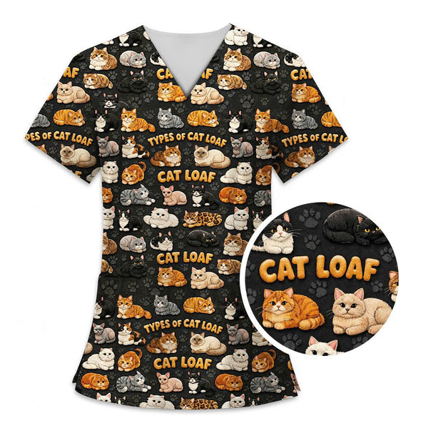 Cat Loaf Scrub Set for Women – Funny Cat Lover Nurse Uniform, Cute Black Medical Scrubs Top & Pants
